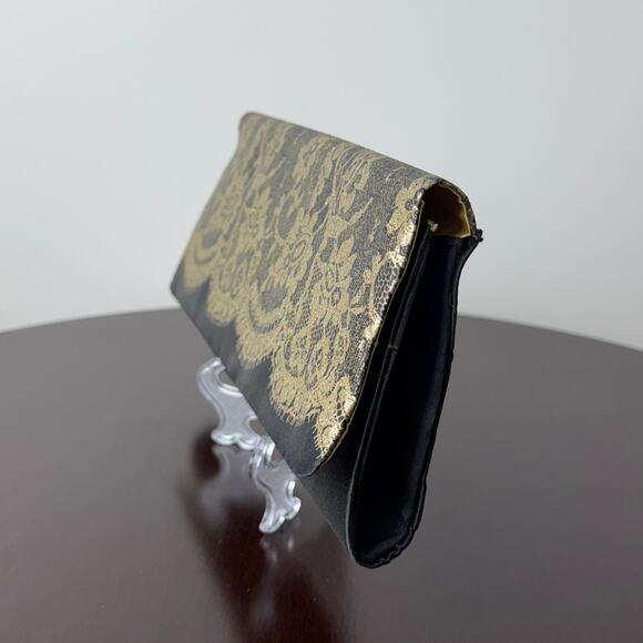 Black and Gold Lace Glitter Print Satin Clutch Purse  - 10w x 5h x 1D - Picture 3 of 10